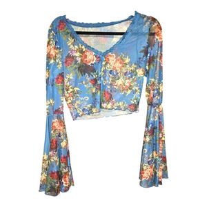 Floral Mesh Bell Sleeve Crop Top Cottagecore Medium